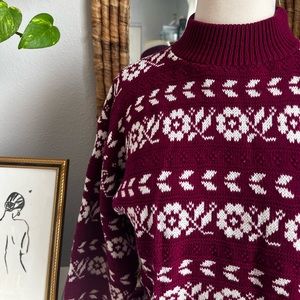 VINTAGE 1980s SWEATER - Maroon, Festive Pattern (Size XS)